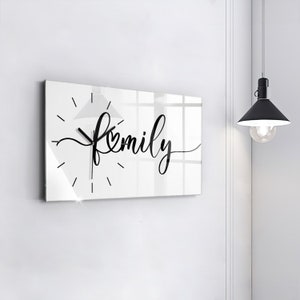 Family inscription Hanging Clock, Monochrome Glass Clock, text Hanging Clock, Custom Wall Clock, Numbers or Lines Collection