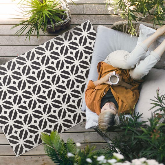 Regelmäßige Fliesen, Modischer Mosaik Outdoor-Teppich, Faux Tiles-Terrassenteppich, Schwarz-Weiß-Vinylteppich, Verandateppich, Wasserdichter Teppich