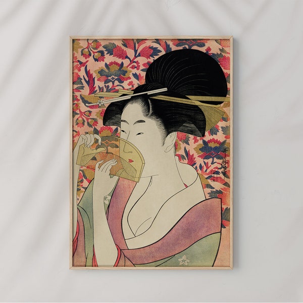 Poster Wall Art Kushi Comb and a Woman par Utamaro Kitagawa #RO417 Beige, Coloré, Rétro Japonais, Dessin Antique Art, Ukiyo Poster