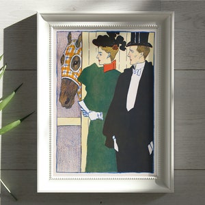 Frau mit Pferderennen-Karte 1895 von Edward Penfield Plakat, grünes altes Schulthema, gelbes vielseitiges Kunstwerk, Retro Hochzeitsgeschenk