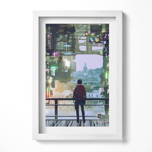 City Painting in Frame, Abstraction Wall Art in Frame, Green Wall Art, Home Decorations