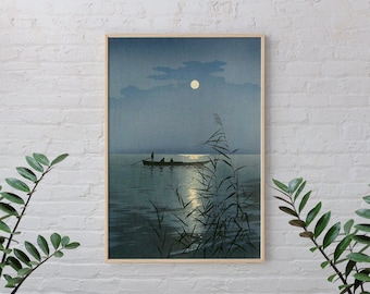 Impresión de arte japonés Moonlit Se por Koho Shoda Poster, tema azul de la vieja escuela, arte ecléctico negro, regalo de boda retro, gráficos de calidad