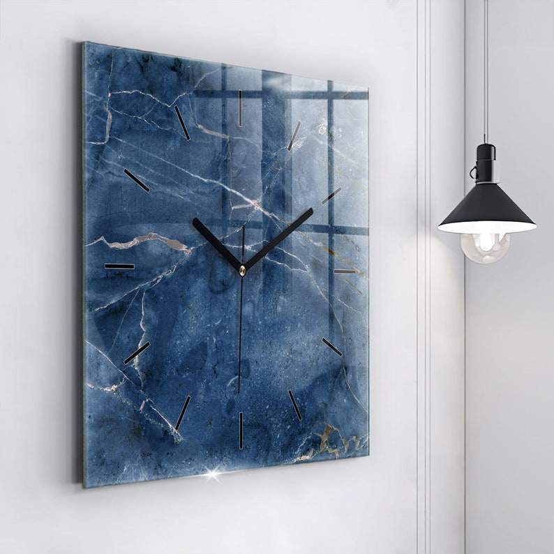 Blue marble texture Glass Clock, Blue Wall Clock, Abstract Hanging Clock, Custom Wall Clock, Numbers or Lines Collection