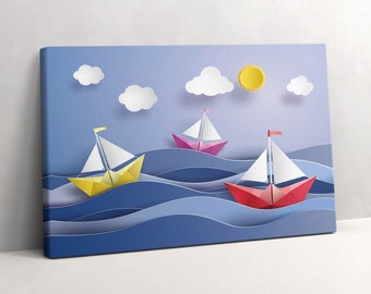 Toile origami colorée voiliers, art mural, décoration murale violet, oeuvre d'art sur toile pour enfants