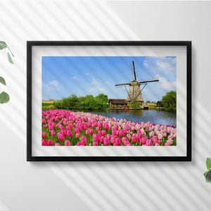 Dutch Windmill With Flowers Painting in Frame, Landscape Wall Art in Frame, Multicolored Wall Art, Home Decorations