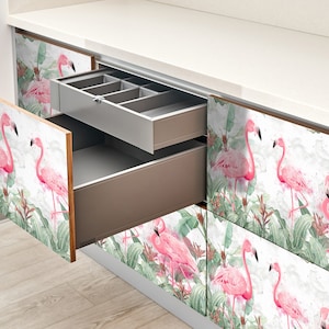 A flock of flamingos Furniture Sticker, Texture Adhesive Foils, Animals Style veneer, Pink Furniture Decals, Waterproof Sticker
