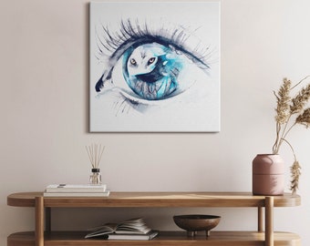 Wolf's gaze Canvas, Wall Art Picture, Blue Wall Decoration, Art Canvas Art
