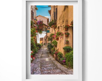 Flower Street In The City Of Umbria Print in Frame, City Art Print, Brown Wall Art, Home Decorations