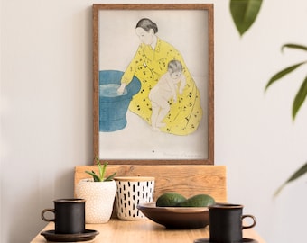 The Bath 1890 1891 By Mary Cassatt Poster, Blue Old School Theme, Yellow Eclectic Artwork, Retro Wedding Gift, Quality Graphics