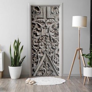 Wooden Carvings Door Sticker, Self-Adhesive Cover, Architecture Door Mural, Beige Door Decals, Office Door Stickers