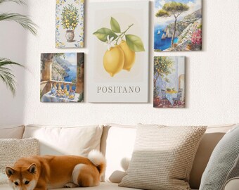 May include: A collection of five canvas wall art pieces featuring watercolor paintings. The artwork includes lemons, coastal scenes, and the word "POSITANO". The color palette includes yellow, blue, and green.