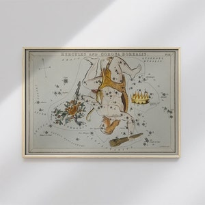 ポスター ウォールアート 天文図 イラスト ヘラクレス座 シドニーホール #RO8 天文学プリント、ベージュ、ゴールド、星座プリント、