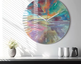 Abstract landscape Glass Clock, Multicolour Printed Clock, Abstract Modern Wall Clock, Personalised Clock, Numbers or Lines