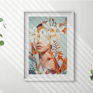 Abstract Woman With Flowers Framed Art, People Illustration in Frame , Turquoise Wall Art, Home Decorations