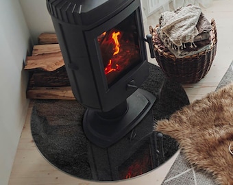 Stone Surface Texture Round Fireplace Floor Plate, Black Fireplace Decoration, Glass Fireplace Hearth, Sleek Stove Hearth Plate