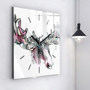 Elk abstraction Glass Clock, Gray Hanging Clock, Abstract Printed Clock, Personalised Clock, Numbers or Lines