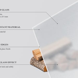 May include: A rectangular sheet of 4 mm thick tempered glass with a frosted finish. The glass features polished edges and fire-resistant material properties. Text labels on the image describe the tempered glass, fire-resistant material, polished edges, and the frosted glass effect that diffuses light.