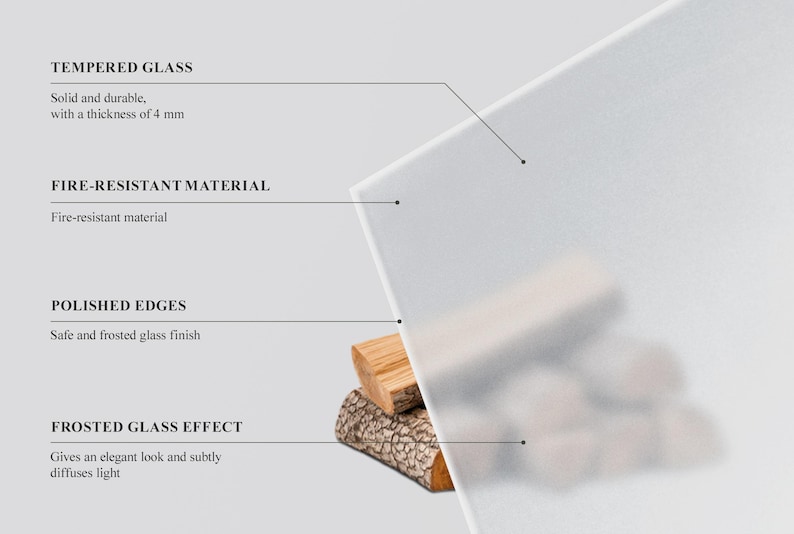 May include: A rectangular sheet of 4 mm thick tempered glass with a frosted finish. The glass features polished edges and fire-resistant material properties. Text labels on the image describe the tempered glass, fire-resistant material, polished edges, and the frosted glass effect that diffuses light.