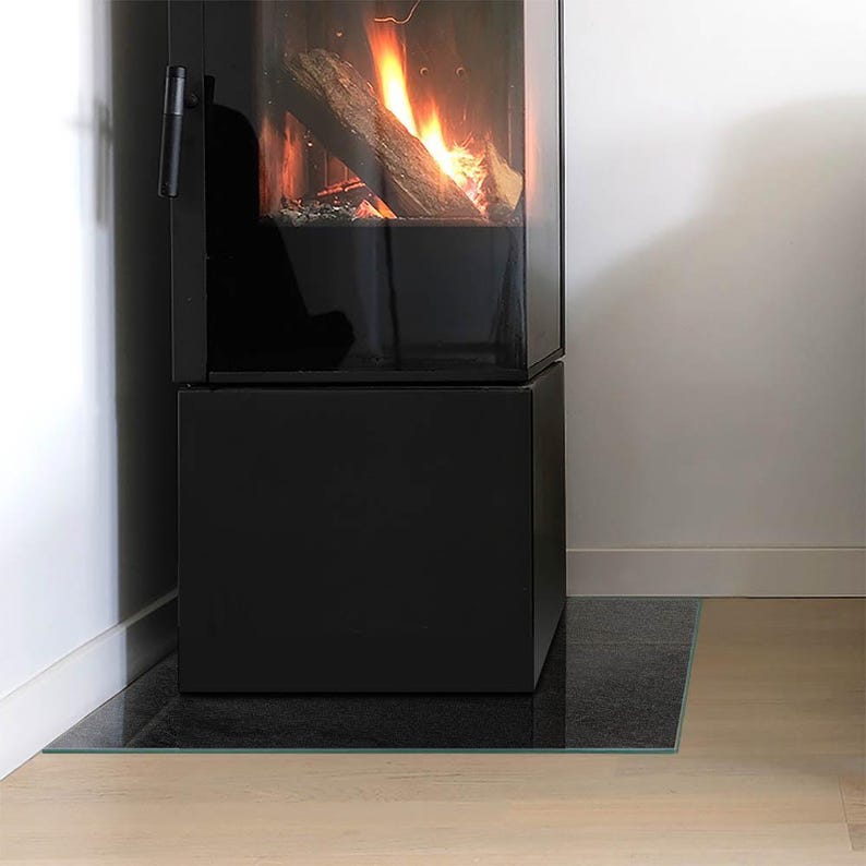 Stone Surface Texture Rectangular Fireplace Floor Plate, Black Fireplace Decoration, Glass Fireplace Hearth, Sleek Stove Hearth Plate image 3