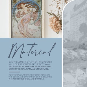 May include: A poster with a vintage illustration of a woman in a flowing dress. The text on the poster reads "Material" and describes the quality of the poster's materials. The poster is framed and hanging on a wall.