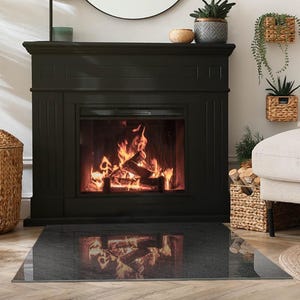 Stone Surface Texture Rectangular Fireplace Floor Plate, Black Fireplace Decoration, Glass Fireplace Hearth, Sleek Stove Hearth Plate image 1