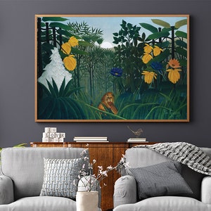 Poster Wall Art The Repast Of The Lion by Henri Rousseau #RO260  Green, Yellow, Modern Canvas, Art Replica, Antique Drawing Art