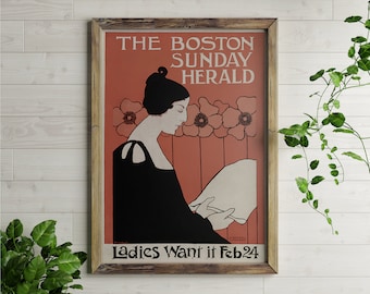 The Boston Sunday Herald By Ethel Reed Poster, Red Museum Reproduction, Black Art Nouveau, Retro Gift For New Home, Quality Graphics