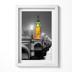Pintura em moldura do Big Ben na Grã-Bretanha, arte de parede da cidade em moldura, arte de parede cinza, decorações para casa