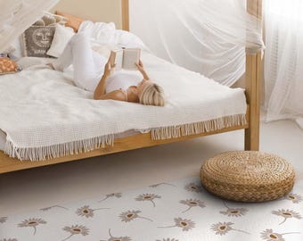 Delikatny dywanik do sypialni w stylu boho z motywem stokrotek, dywan winylowy z motywem kwiatów i roślin, kremowy dywan winylowy, dywan wodoodporny, dywan przyjazny dla zwierząt