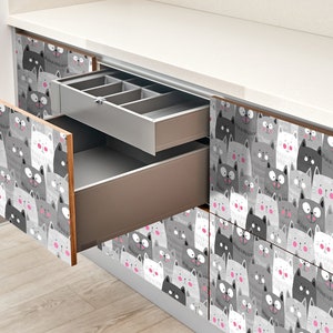 Happy cats Furniture Sticker, Texture Adhesive Foils, Animals Style veneer, Gray Furniture Decals, Waterproof Sticker