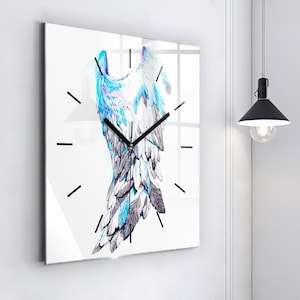 Imitation bird wings Glass Clock, Blue Hanging Clock, Abstract Printed Clock, Custom Wall Clock, Numbers or Lines