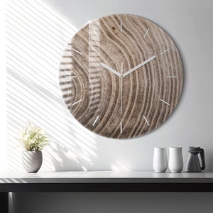 Tree trunk Glass Clock, Brown Printed Clock, Abstract Modern Wall Clock, Personalised Clock, Numbers or Lines