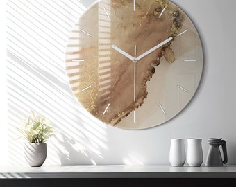 Horloge en verre beige moderne, horloge murale moderne brune, horloge minimaliste abstraite, horloge murale personnalisée, chiffres ou lignes