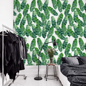 Removable wallpaper - Green exotic leaves Wallpaper - Wall mural - Tropical Wallpaper - Self adhesive wallpaper - Temporary wallpaper #118