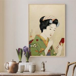 Woman Applying Color To Her Lips 1920 Goyo Hashiguchi Poster, Beige Wall Art Paintings, Black Illustration Prints, Retro Gift For Woman