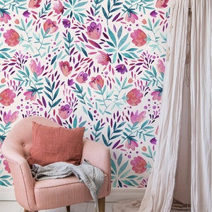 Removable wallpaper - Purple Retro flowers Wallpaper - Peel and stick wallpaper - Wallpaper - Self adhesive wallpaper - Floral - Decor #52