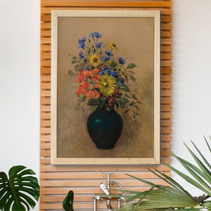 Wildblumen Von Odilon Redon Poster, Braunes Old School Thema, Blaues eklektisches Kunstwerk, Retro Hochzeitsgeschenk, hochwertige Grafik