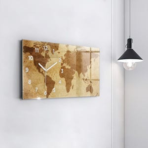 Vintage world map Printed Clock, Brown Glass Clock, Map Minimalistic Clock, Horizontal Decorative Clock, Numbers or Lines