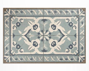 Tappeto da esterno con piastrelle portoghesi e un delicato motivo retrò, tappeto da patio con piastrelle finte, tappeto in vinile blu, tappeto da veranda, tappeto facile da pulire