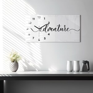 Adventure inscription Hanging Clock, Monochrome Glass Clock, text Modern Wall Clock, Personalised Clock, Numbers or Lines
