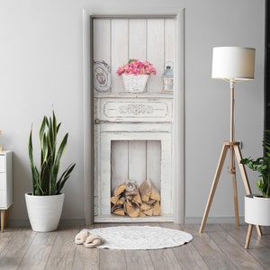 Rustic Fireplace Door Sticker, Self-Adhesive Cover, Architecture Door Mural, Beige Door Decals, Office Door Stickers