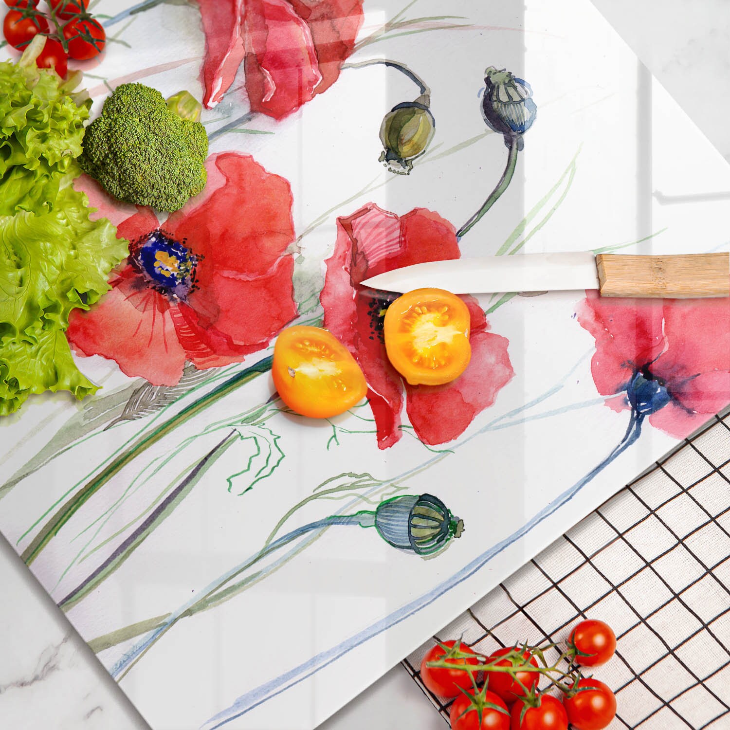 Planche à découper fleurs rouges, planche à découper en verre trempé, décoration de cuisine blanche, grande planche à découper