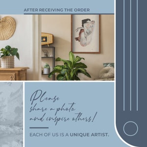 May include: A light blue background with a white text overlay that reads "Please share a photo and inspire others! EACH OF US IS A UNIQUE ARTIST." The image also shows a portion of a room with a plant, a shelf, and a painting.