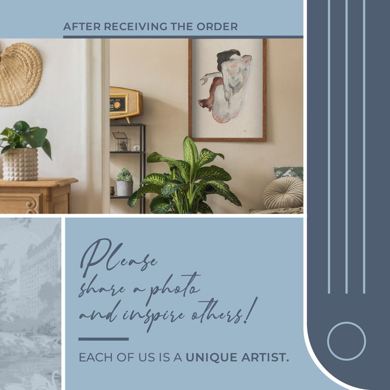 May include: A light blue background with a white text overlay that reads "Please share a photo and inspire others! EACH OF US IS A UNIQUE ARTIST." The image also shows a portion of a room with a plant, a shelf, and a painting.