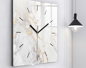 Decorative marble Glass Clock, White Wall Clock, Abstract Hanging Clock, Personalised Clock, Numbers or Lines