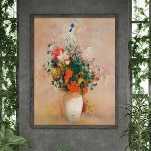 Póster de arte mural Jarrón de flores Odilon Redon #RO75 Pintura famosa, réplica de pintura, estampado floral, beige, colorido, botánico antiguo
