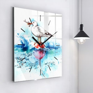 Painted seagull Glass Clock, Blue Wall Clock, Animal Hanging Clock, Personalised Clock, Numbers or Lines