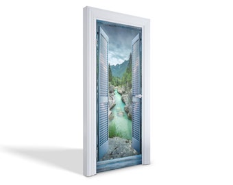 Adesivo de porta com vista para a montanha pela janela, autoadesivo, mural de paisagens para porta, adesivos azuis para porta, adesivos para porta de escritório.
