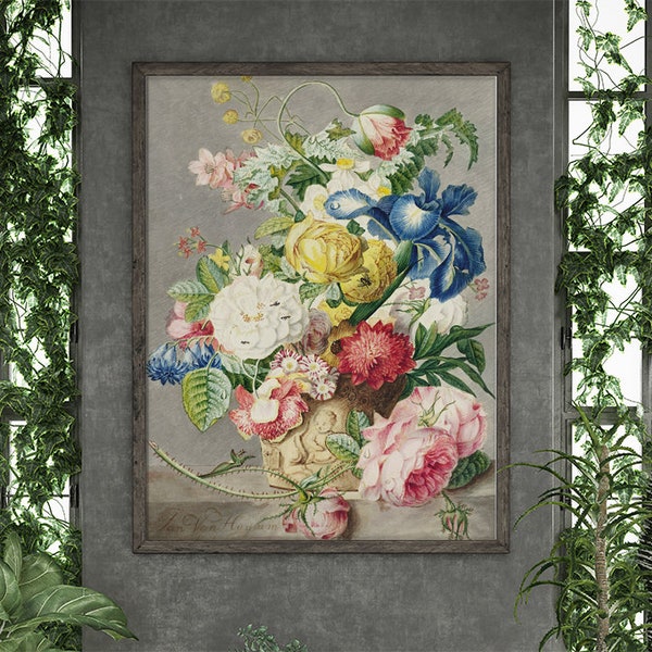 Poster Wall Art Bouquet Cornelis Van Amstel #RO86 Replica Prints, Masterpiece Classic, Floral Print, Green, Colorful, Retro Oil