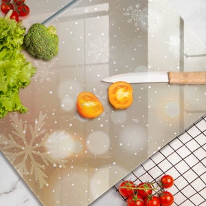 Snowflakes Chopping Board, Tempered Glass Cutting Board, Beige Kitchen Decor, Handmade Cutting Board